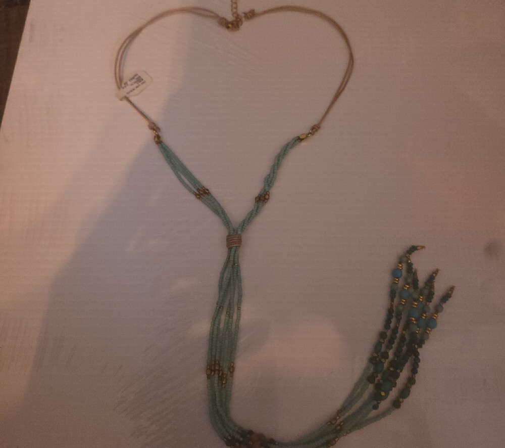 Johnny Was Aqua Beaded Tassel Necklace with Gold Accents